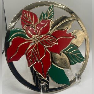 VTG Solid Brass Trivet w/ Lacquered Red Poinsettias & Green Leaves Made in Japan